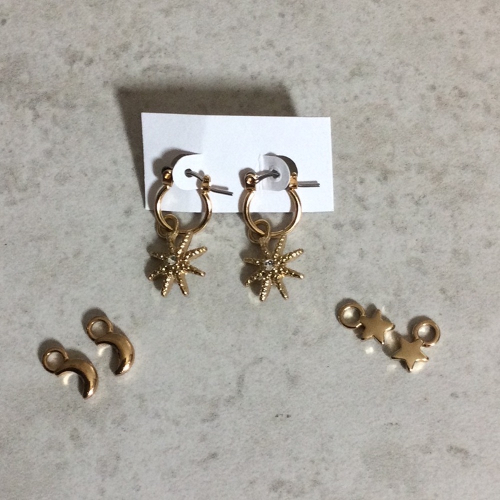 NWT gold hoops with starburst, moon and stars drops
